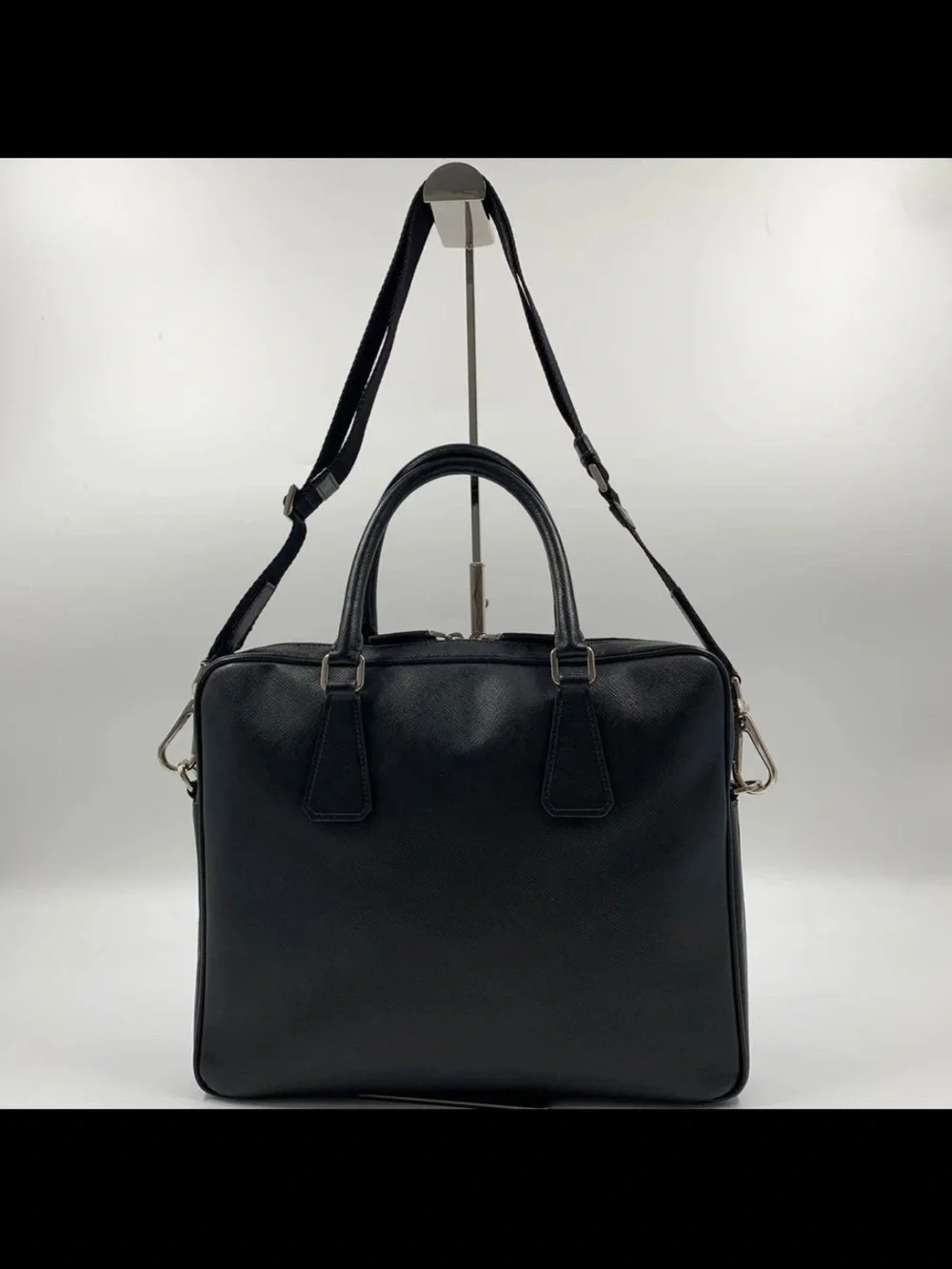 Prada Black Saffiano Leather Briefcase with Detachable Strap